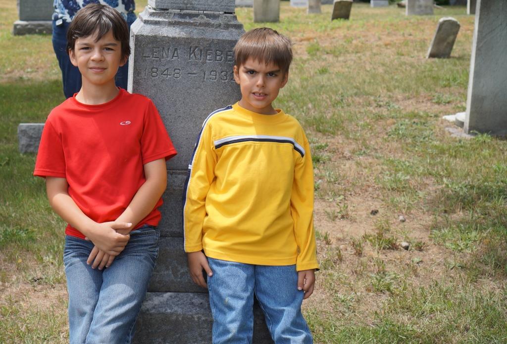 Milo and Cohen at Lena Grimm Kieber's grave 2016.